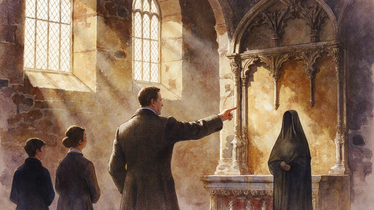 A historian shows a group the chapel wall in the Tower of London’s Bloody Tower during early morning light.