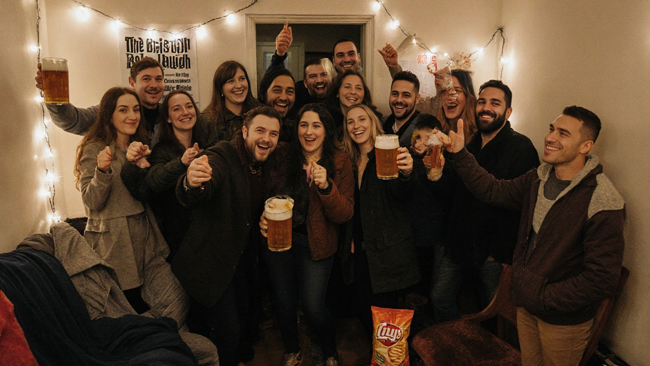 A joyful group selfie after a home comedy show, people holding pints in a crowded living room with fairy lights and coats piled up.