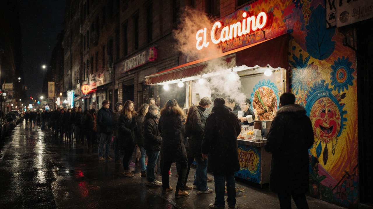A late-night taco line at El Camino in Soho, with patrons receiving hot chocolate under neon lights.
