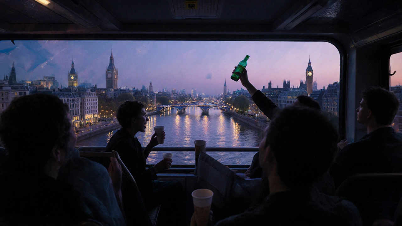 A night bus top deck at 4 AM, passengers silhouetted against the Thames and city lights, holding drinks as London wakes slowly.