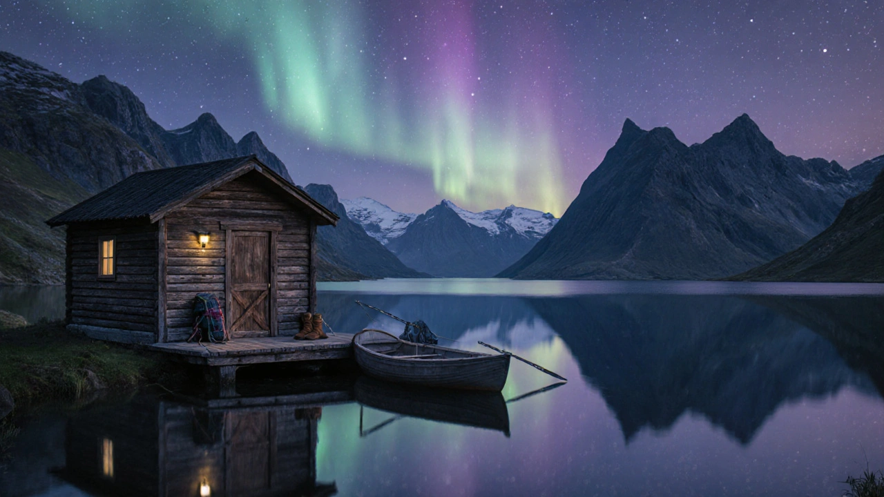 A quiet cabin in Norway’s Lofoten Islands reflects in a still fjord under the aurora.