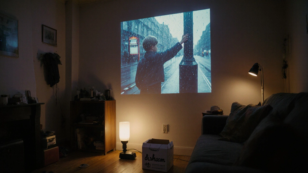 A quiet Hackney flat lit by a film projector showing a child&#039;s hand gripping a bus stop pole in the rain.