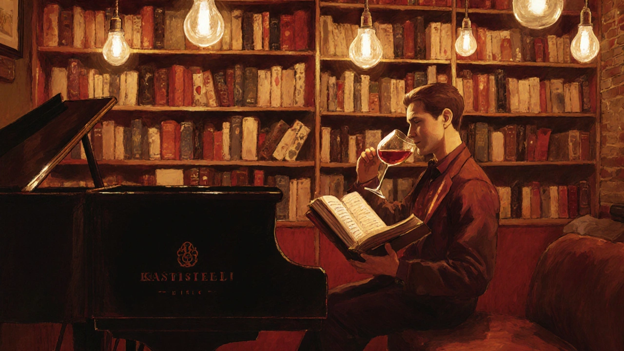 A reader sips Georgian amber wine in a bookshelf-lined Camden wine bar with soft jazz playing.