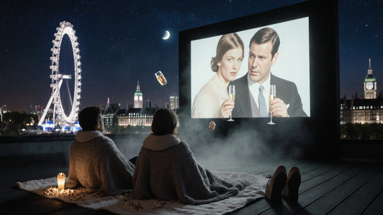 A rooftop cinema under the stars, couples wrapped in blankets watching a film, with the London Eye glowing faintly in the distance.