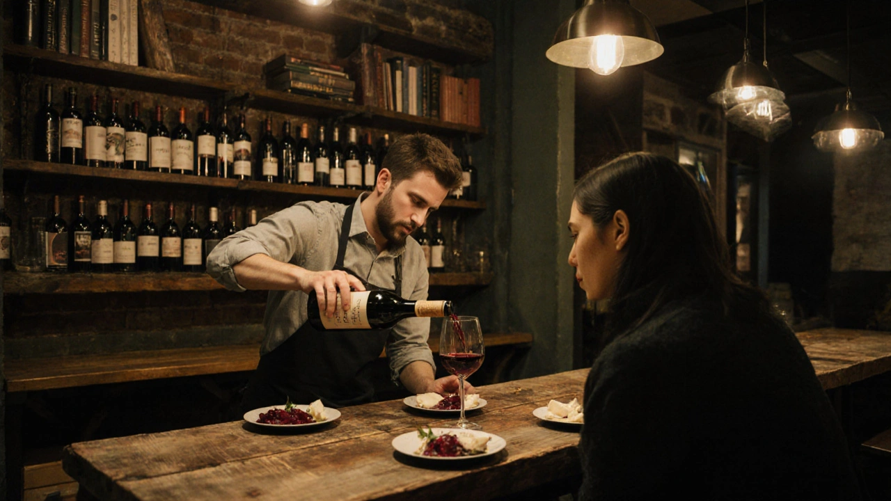 A sommelier pours organic wine at an industrial-chic bar with reclaimed wood and exposed brick.