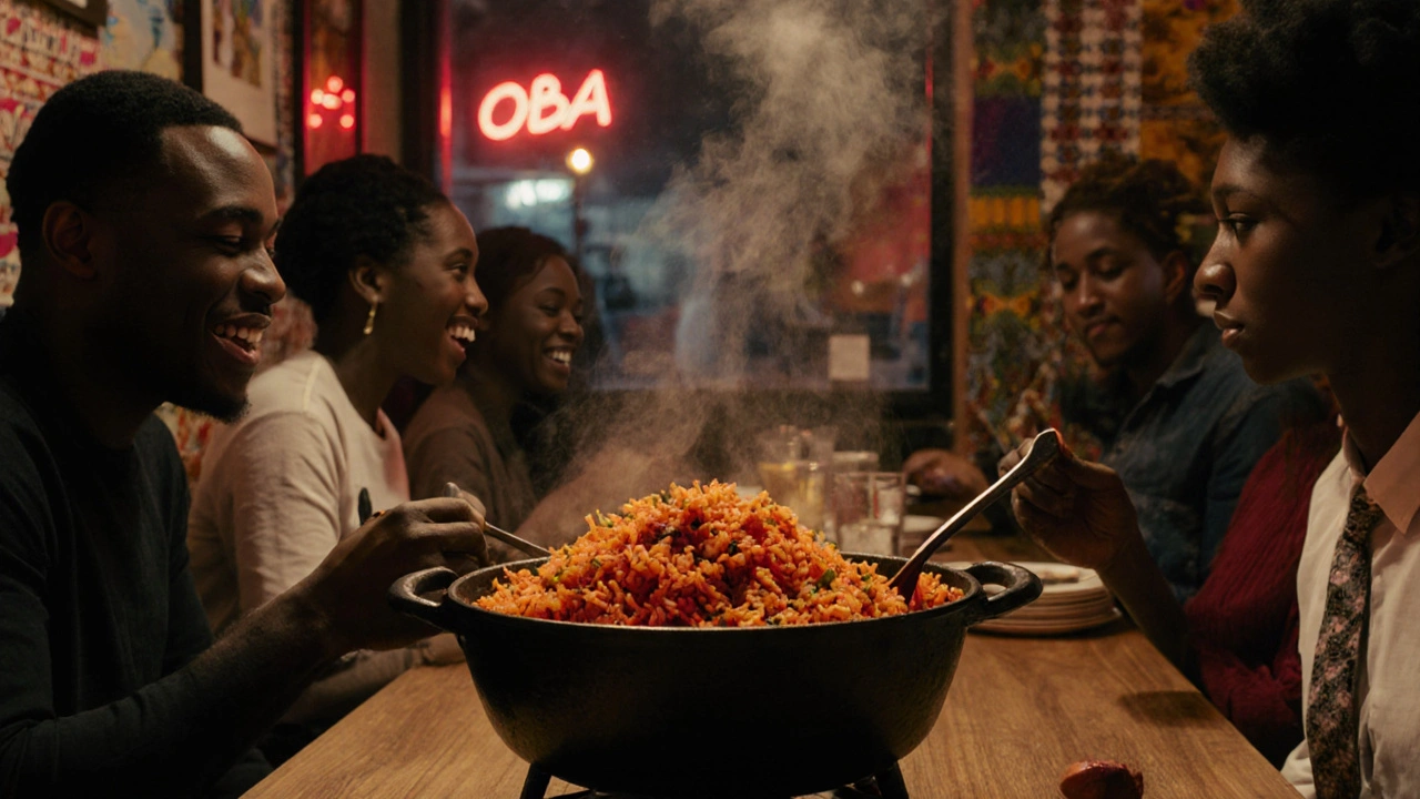 A steaming pot of smoky jollof rice at Oba restaurant in Peckham, served with vibrant sides and warm communal energy.