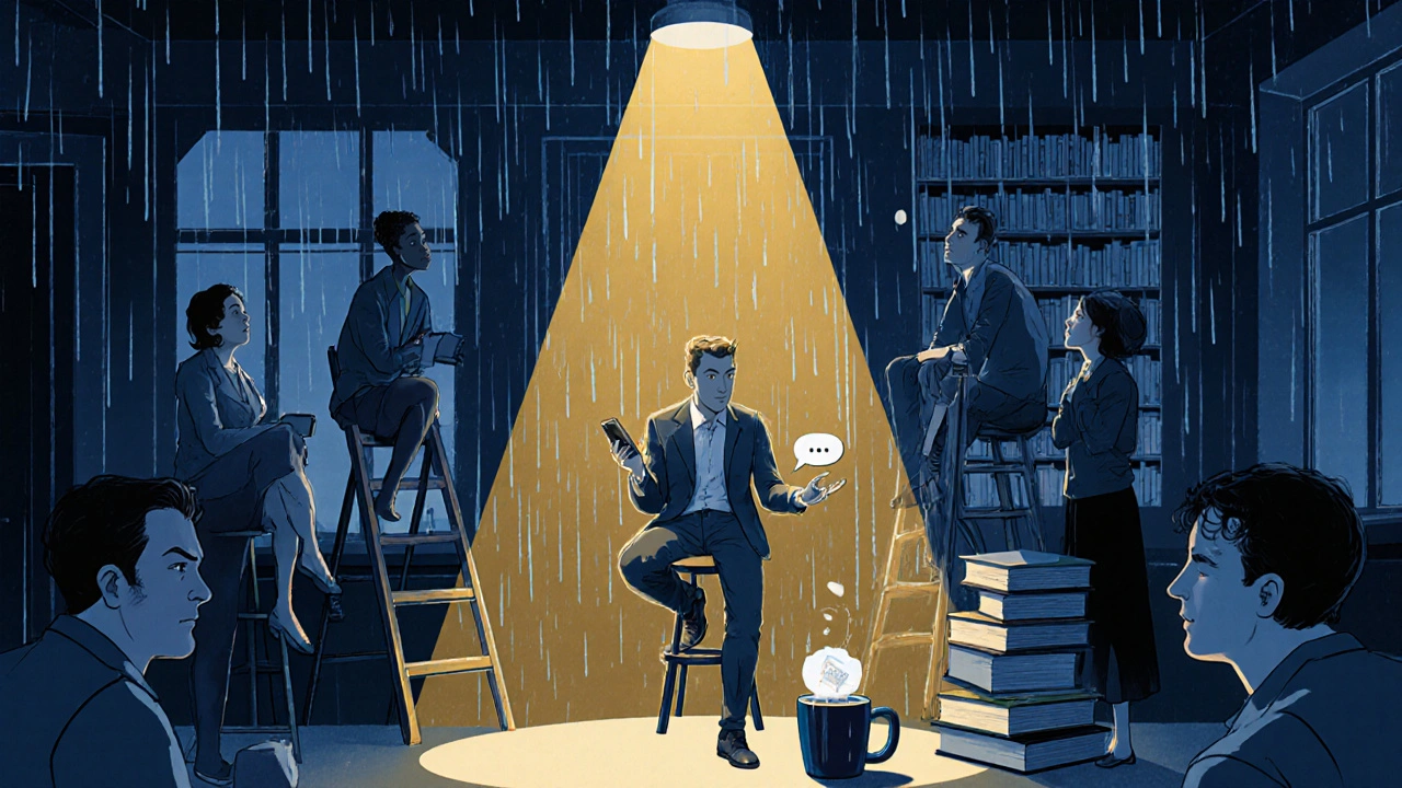 A surprise comedy show in a hidden Hackney bookshop, audience seated among shelves under a single spotlight.