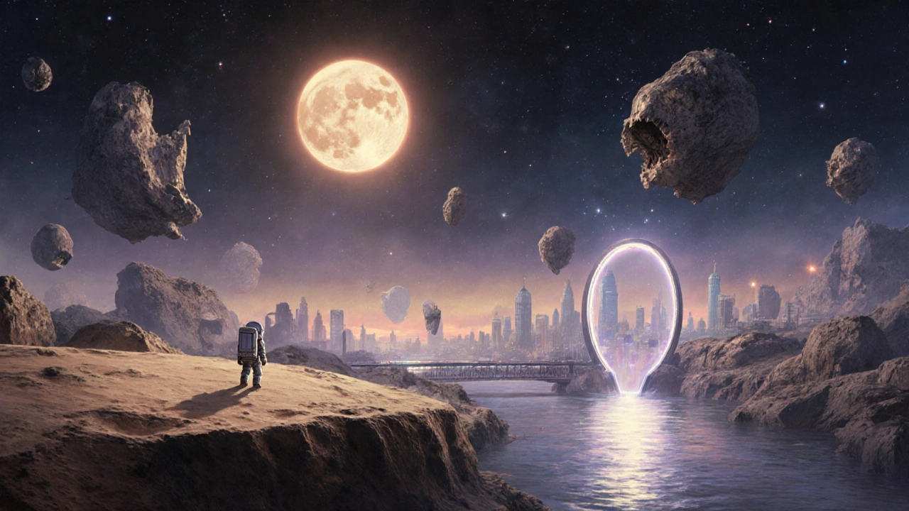 An astronaut on a sand moon under a dying sun, floating ruins, London skyline reflected in a portal.