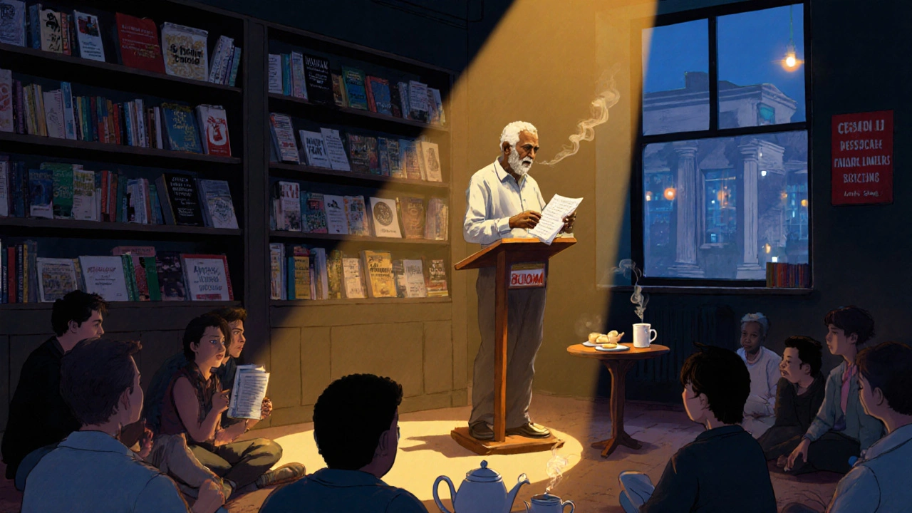 An elderly man reads poetry in a bookshop turned intimate stage, surrounded by a silent, emotional crowd.