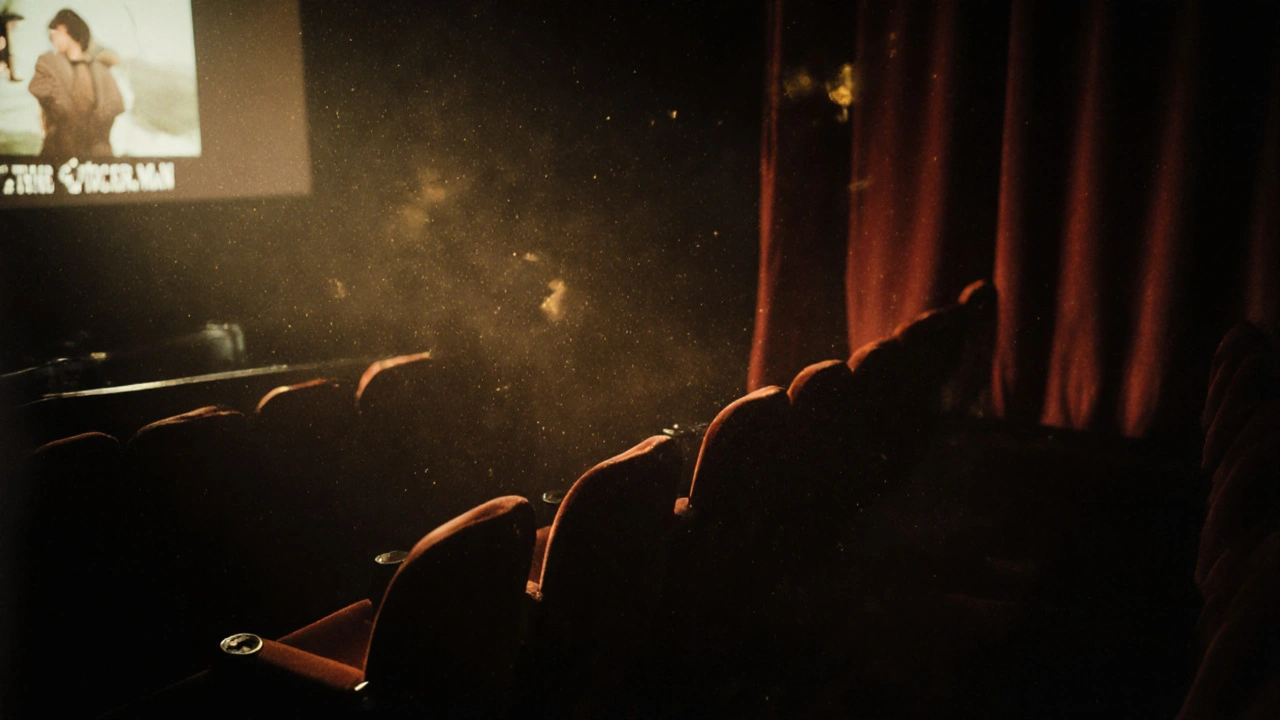 An empty vintage cinema seat with a 35mm film reel spinning, golden dust motes in the projector beam.