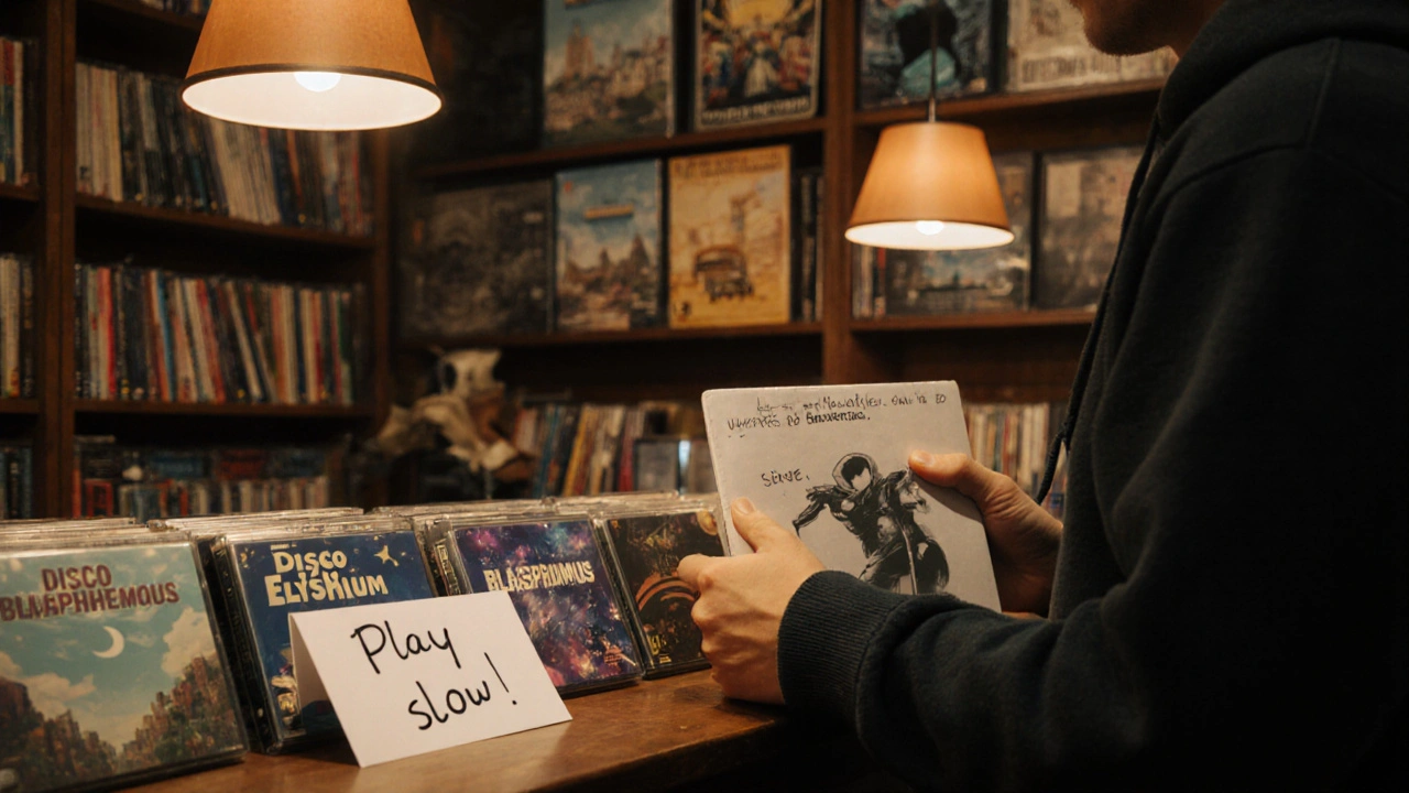 An indie game shop in Brixton with curated games and handwritten notes, warm lighting, cozy ambiance.