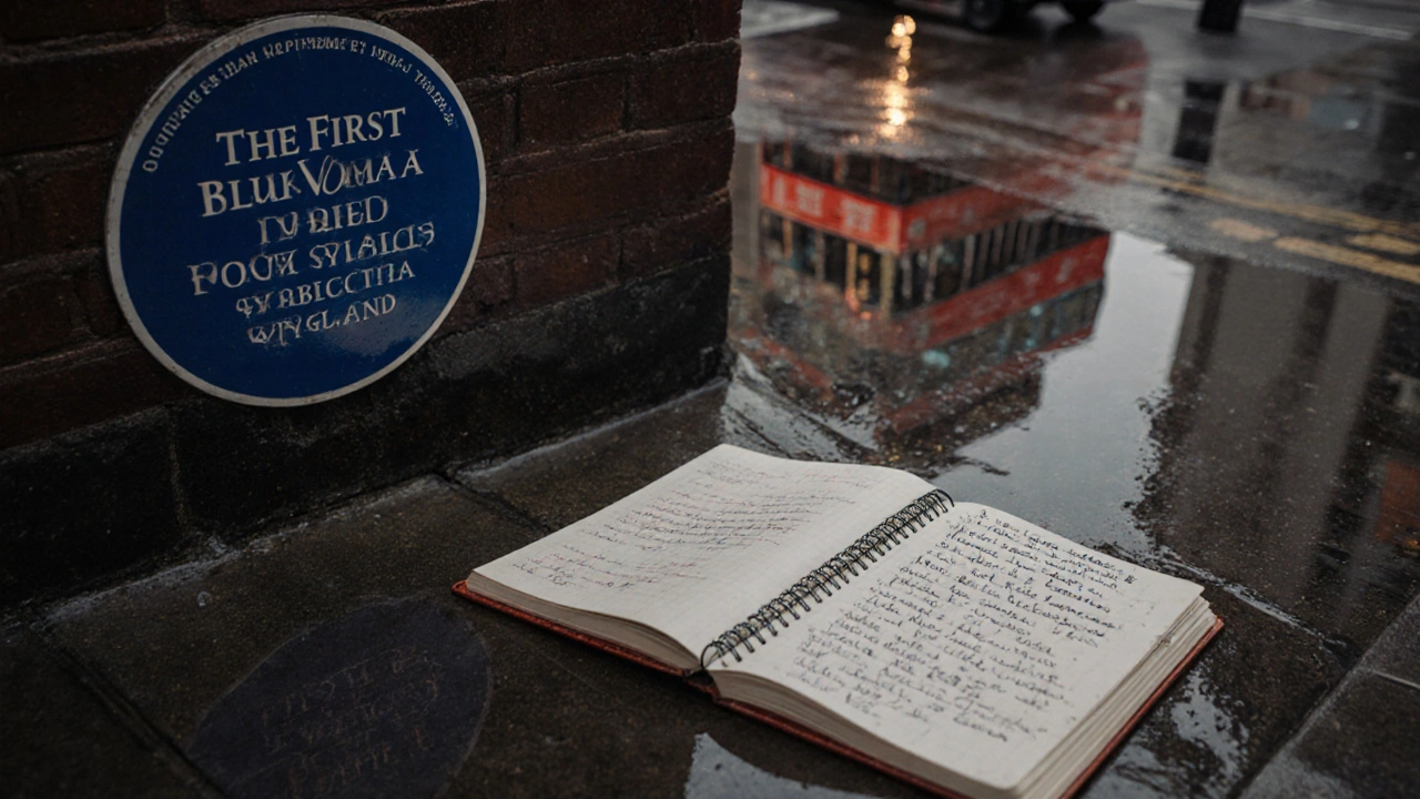 An open notebook with handwritten historical notes rests beside a blue plaque on a wet London sidewalk, reflecting a passing bus.