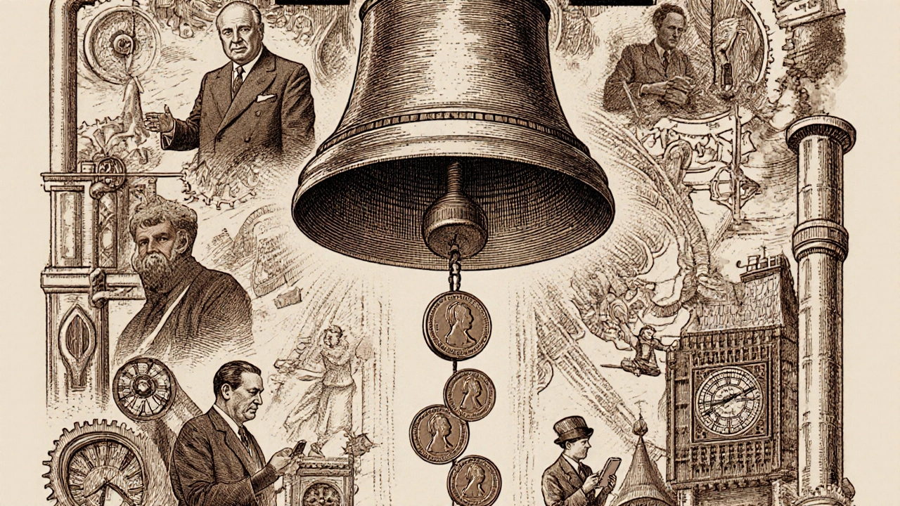 Big Ben&#039;s bell with pennies on pendulum, surrounded by historical moments.