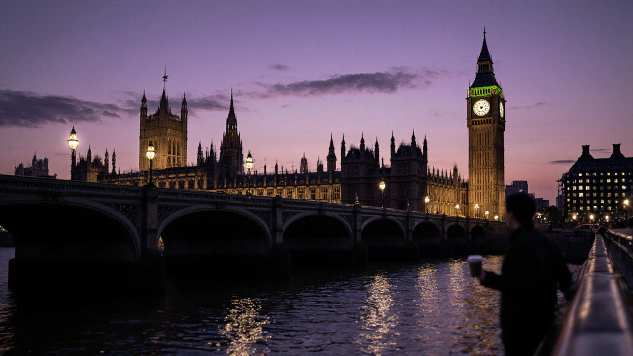 Big Ben and the Houses of Parliament at dusk, reflected in the Thames with a lone figure walking away.