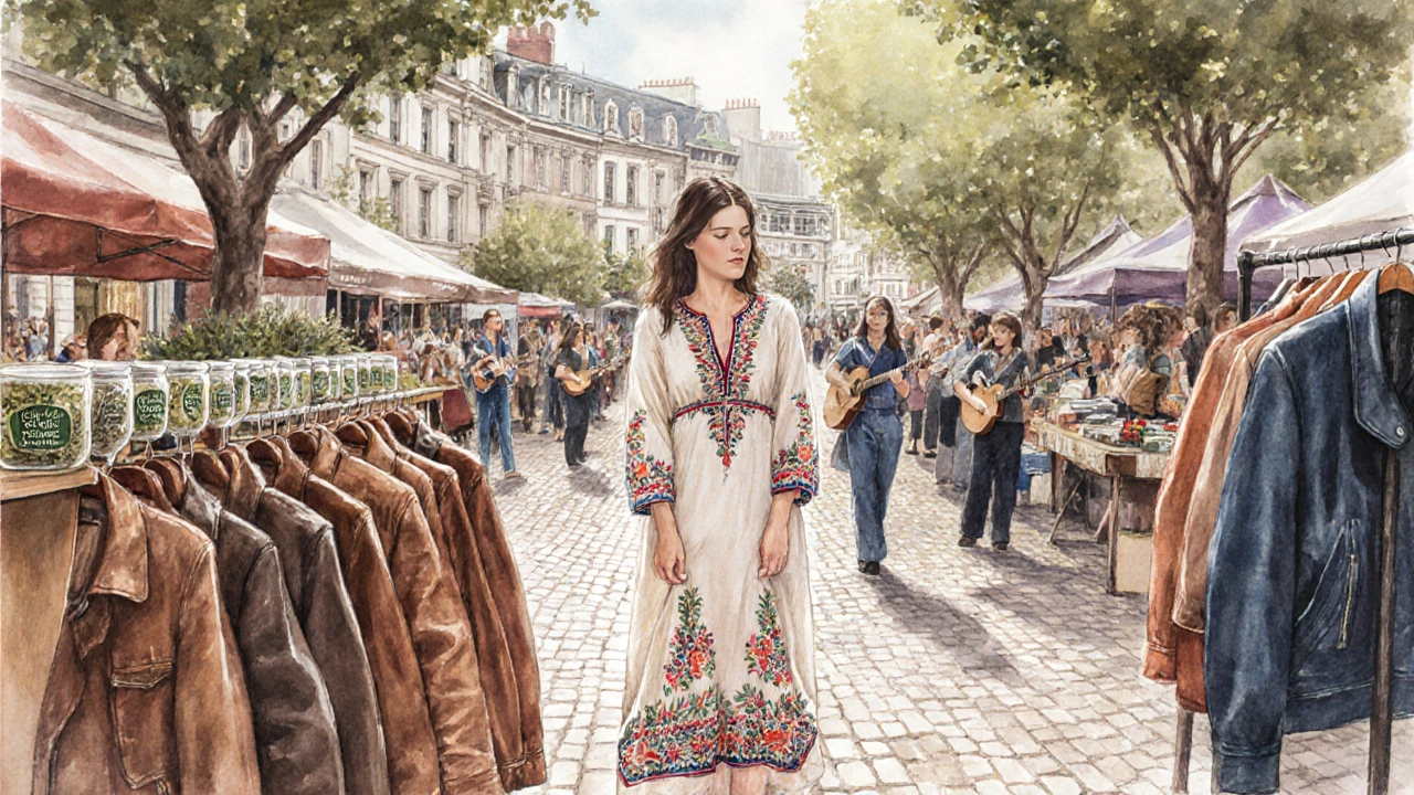 Covent Garden square with vibrant pop-up shops and a woman holding a hand-embroidered kaftan.
