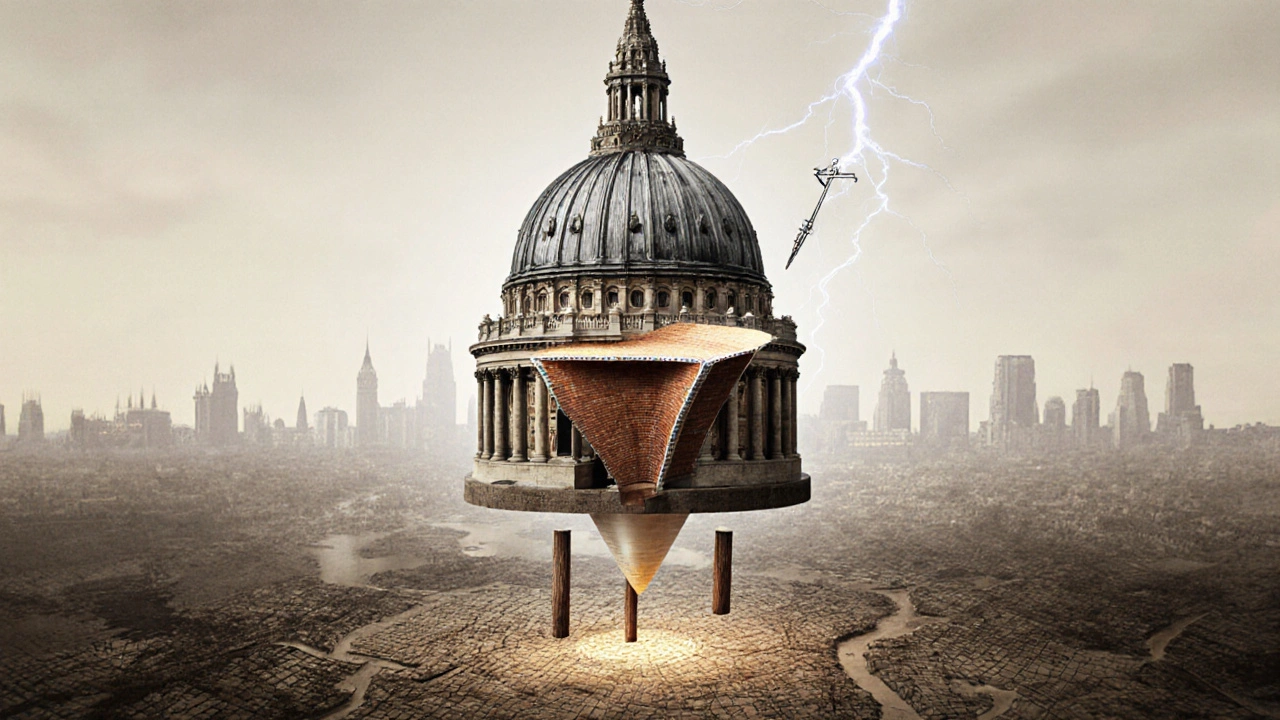 Cross-section of St. Paul’s Dome showing its three structural layers and oak foundation, with lightning rod and London skyline in background.