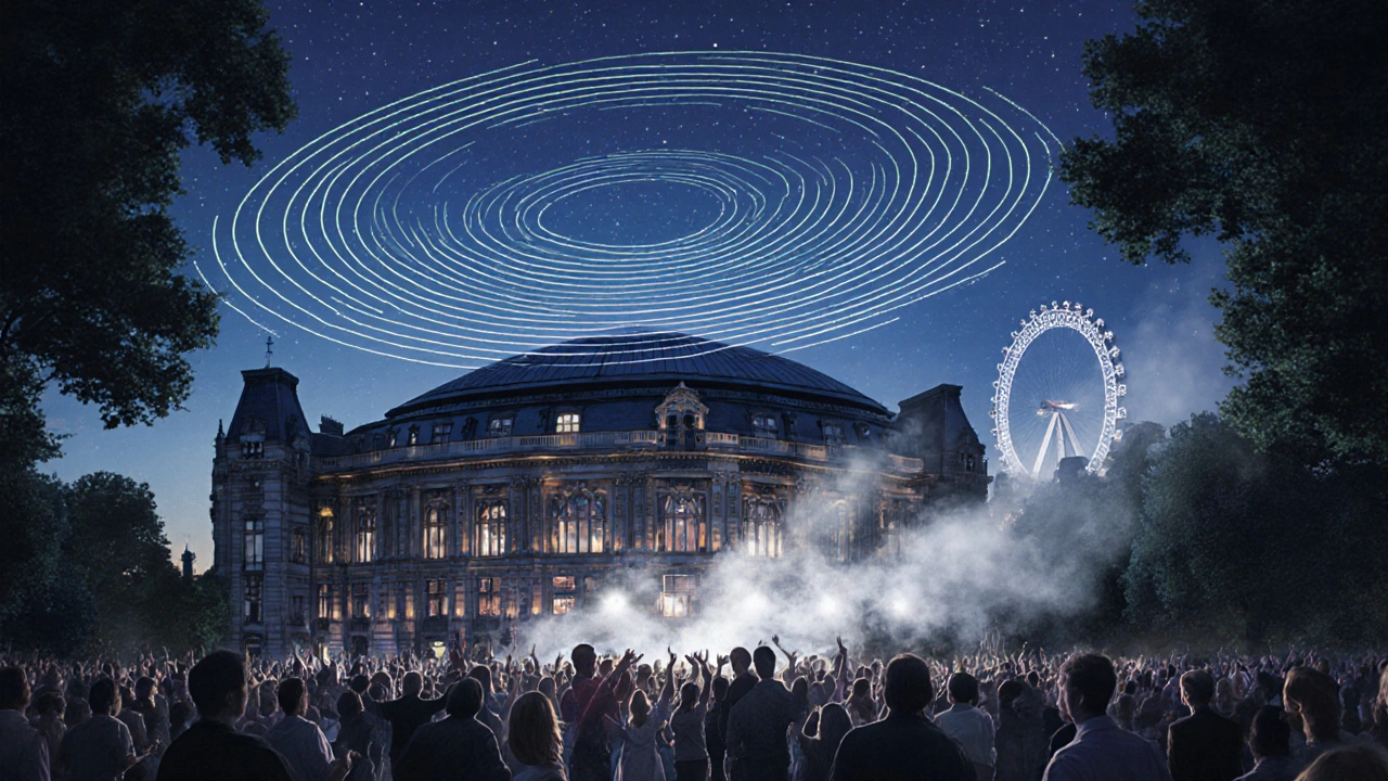 Crowd dancing under a starry sky at KOKO with the London Eye in the distance, Victorian architecture framing the scene.