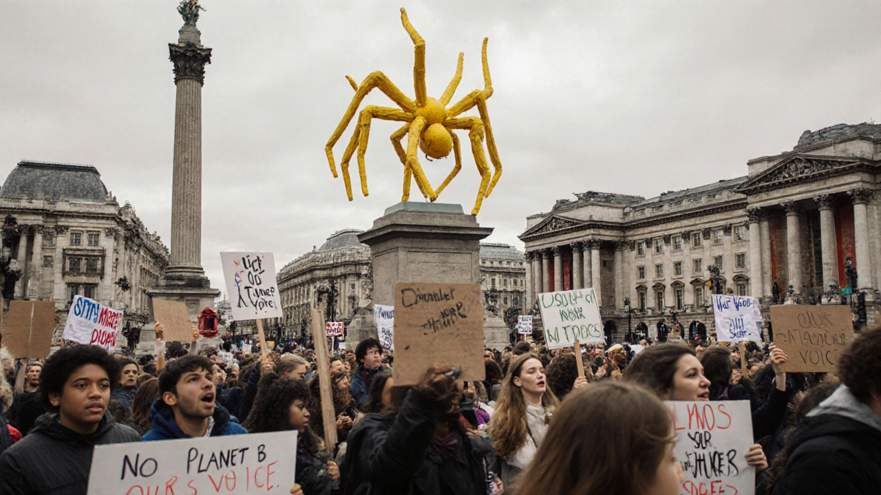 Crowd protesting in Trafalgar Square with signs, Fourth Plinth featuring a giant yellow spider, National Gallery in background.