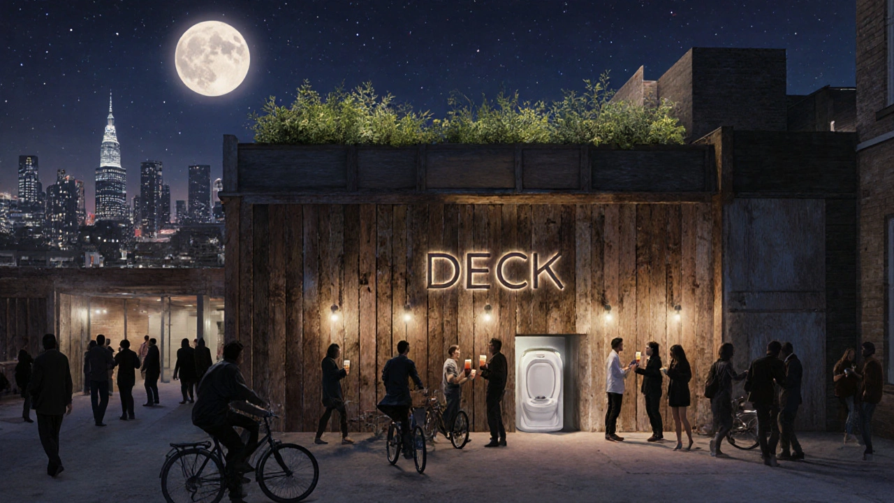 DECK venue at night with rooftop herbs and reclaimed wood, patrons biking in under starlit skies.