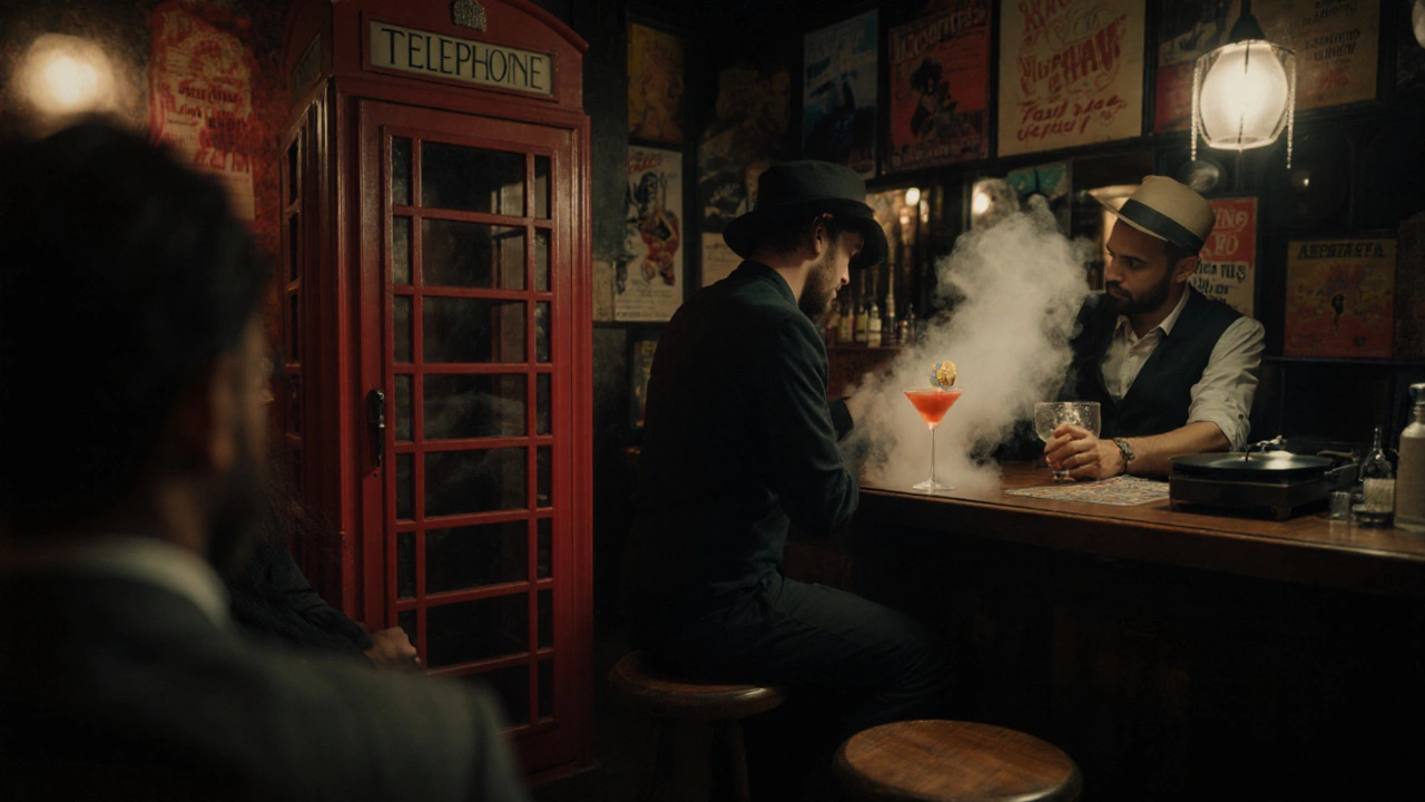 Dimly lit speakeasy with dry ice mist and jazz records, preparing a smoky cocktail.