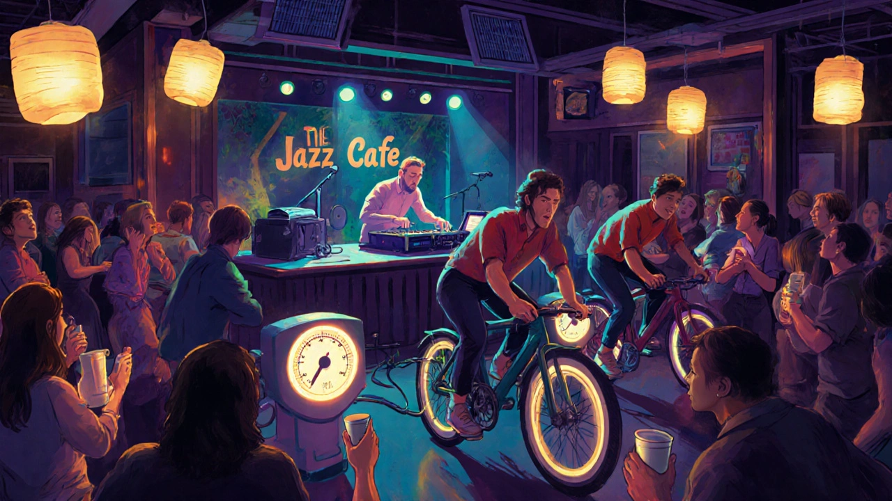 DJs performing at The Jazz Café while patrons pedal to generate renewable energy for the show.