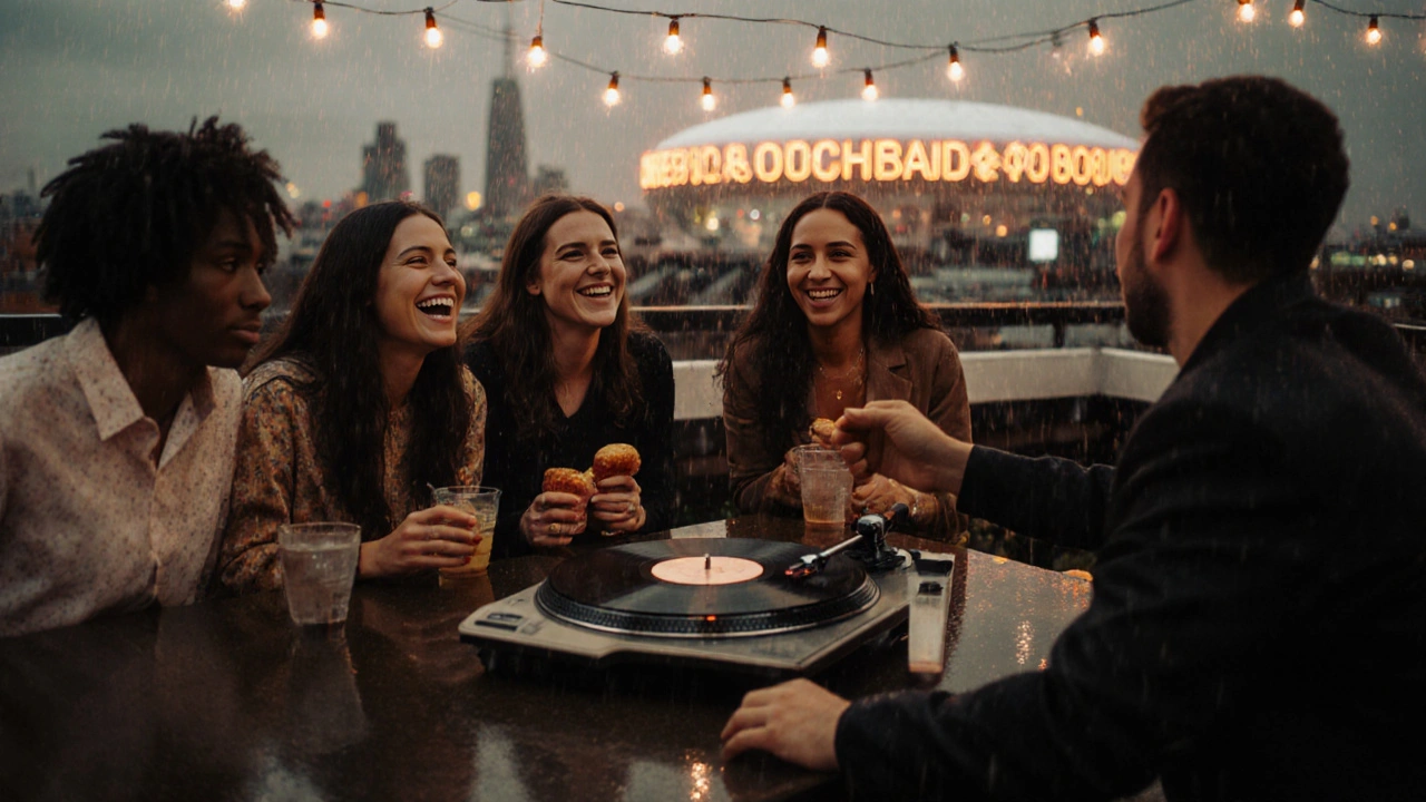 Friends laugh at Boho Rooftop in Peckham, vinyl records playing under string lights with city glow behind.