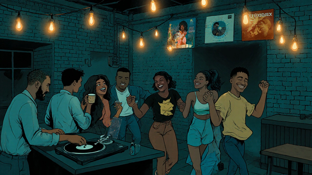 Friends laughing at Rye Wax in Peckham, a dim warehouse club with vinyl records on display.