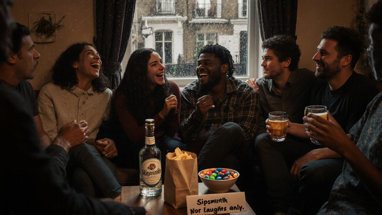 Friends laughing in a dimly lit flat during a home comedy night, sipping beer and snacking, with a microphone and gin bottle on a table.