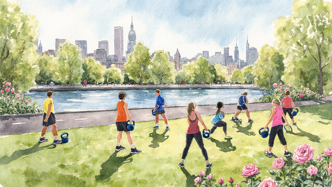 Group fitness class exercising near Regent’s Park boating lake with Primrose Hill in the background.