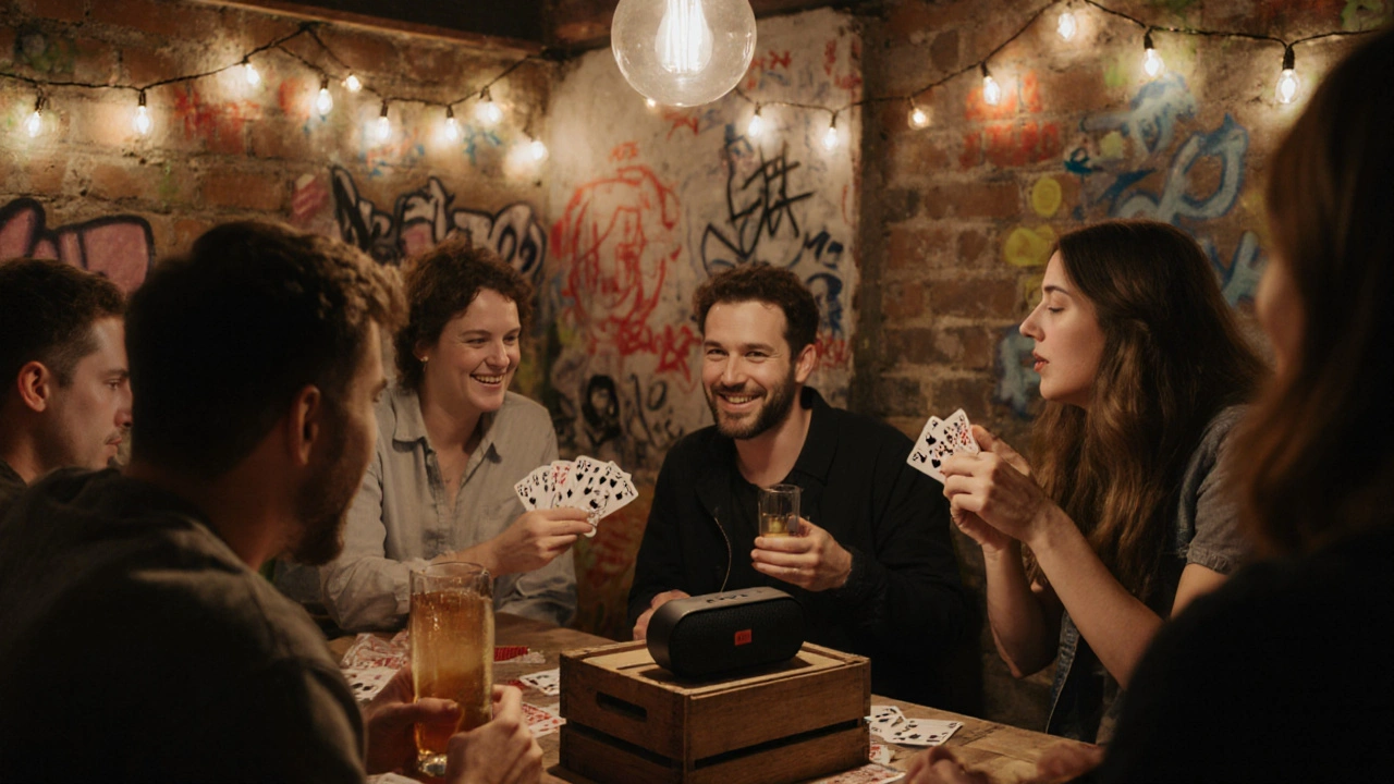 Group of friends at The Boxmaker enjoying casual music and cards in a cozy basement setting.