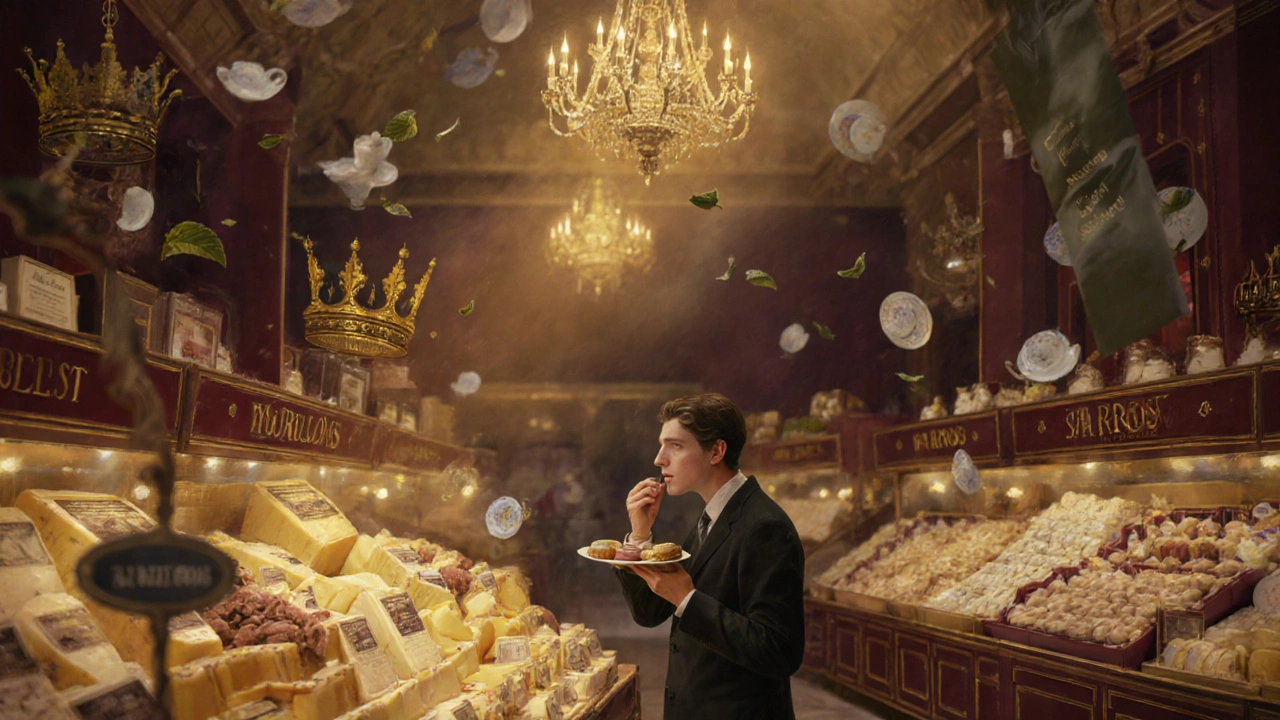 Harrods Food Hall with luxury British cheeses and tea service under golden antique chandeliers.