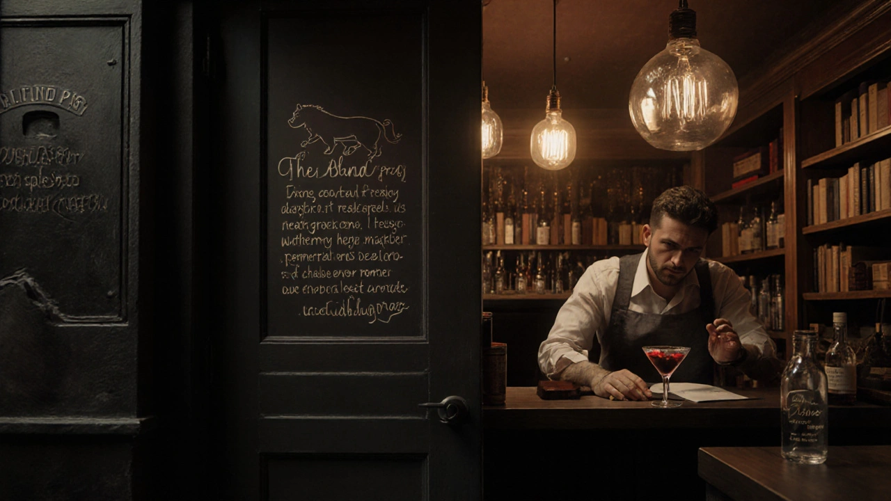 Hidden door to a literary-themed bar with a bartender crafting a drink inspired by a novel.