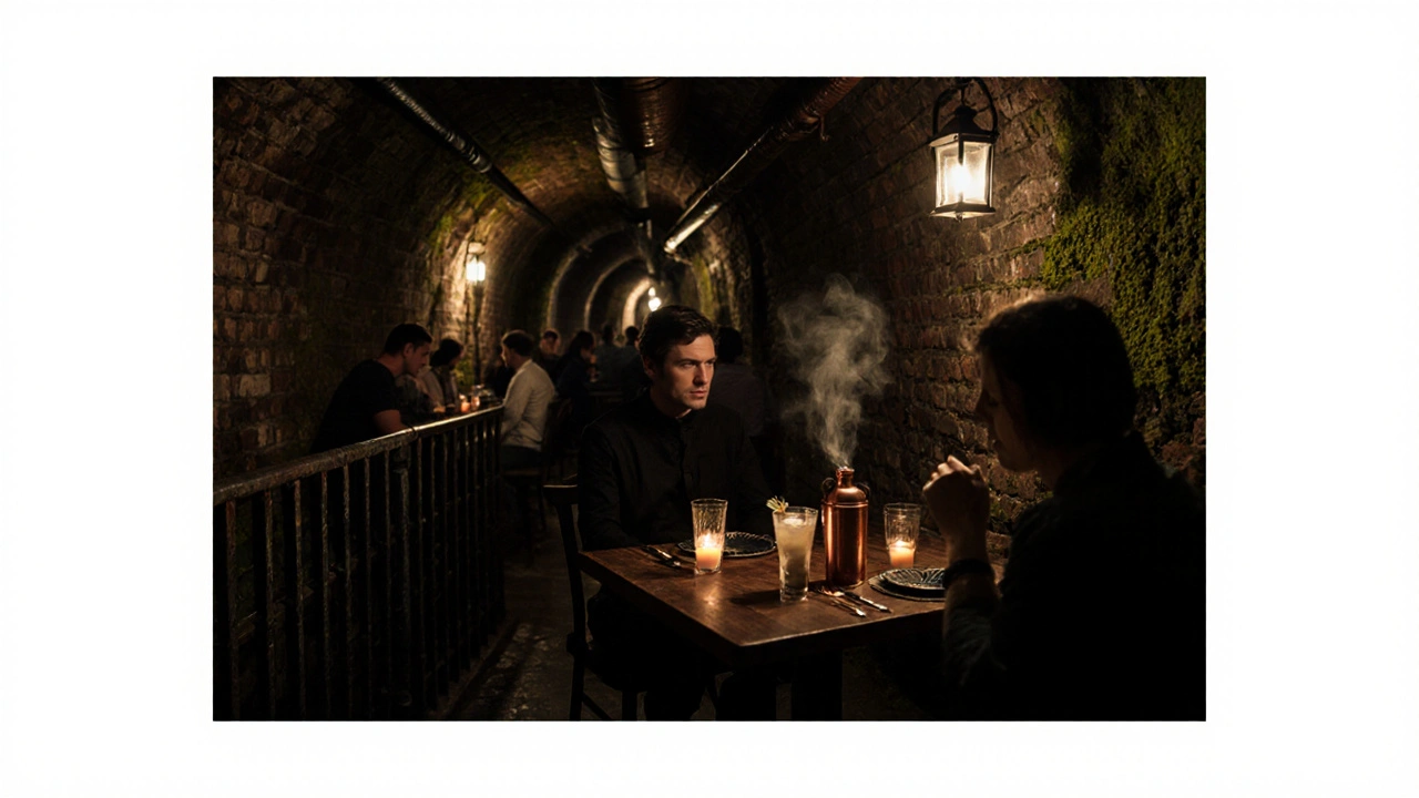 Hidden tunnel bar with vintage glassware and candlelight, set in atmospheric Victorian railway arches.