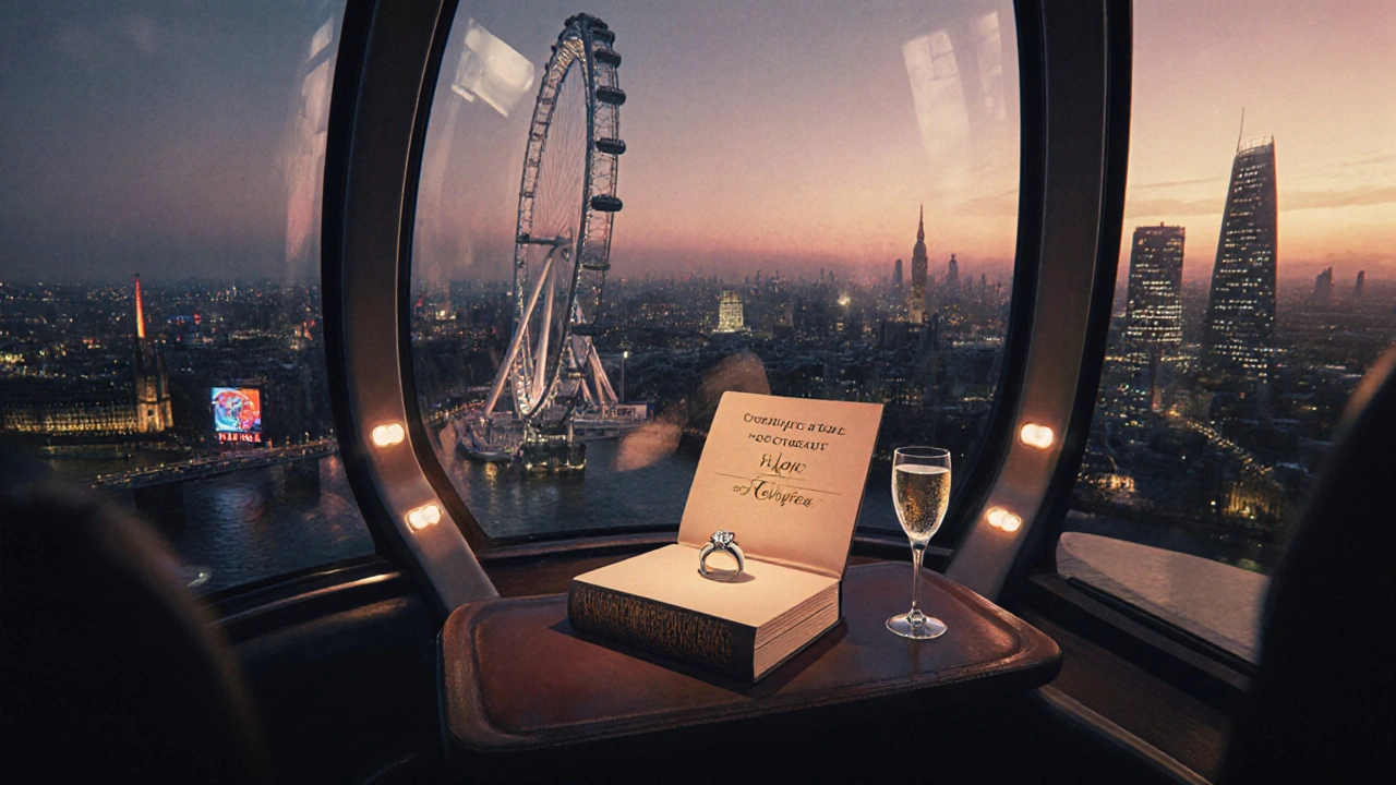 Hollowed-out book and champagne flute inside a London Eye capsule at dusk.