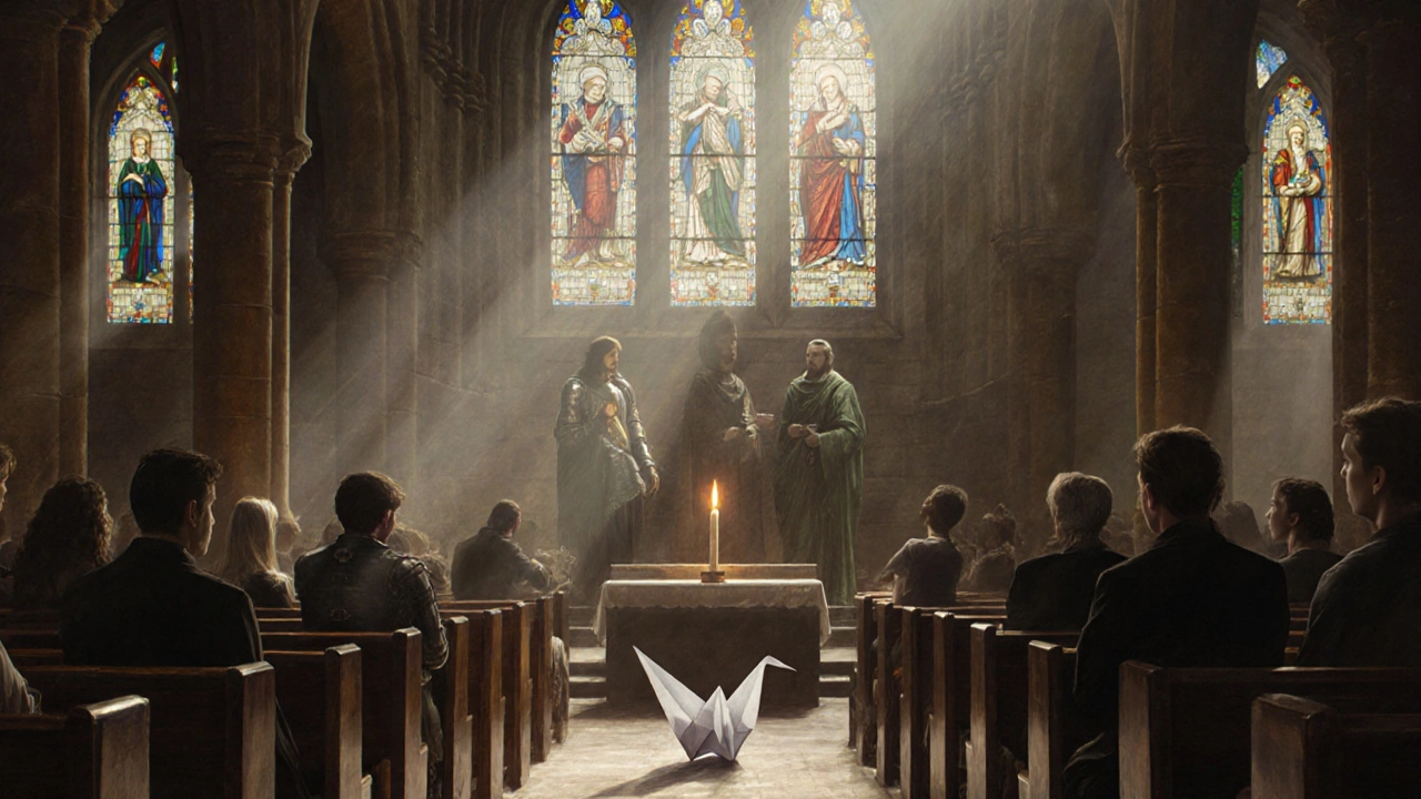 Interior of St. Bartholomew-the-Great church with modern and historical figures coexisting in soft light.