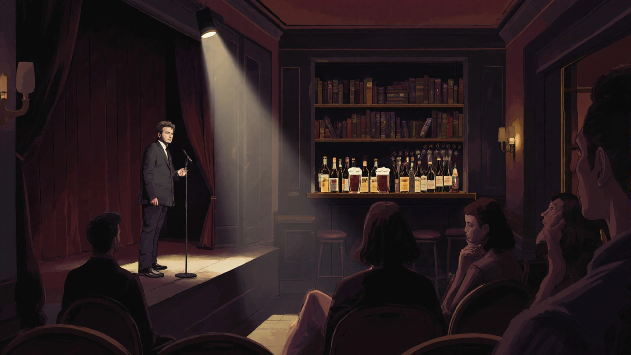 Intimate comedy show at Soho Theatre with a single performer under a spotlight.