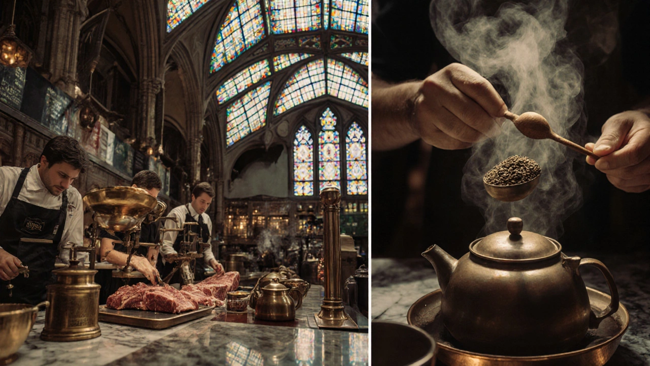 Leadenhall Market interior with artisan butchers and tea blenders using historic tools under stained glass.
