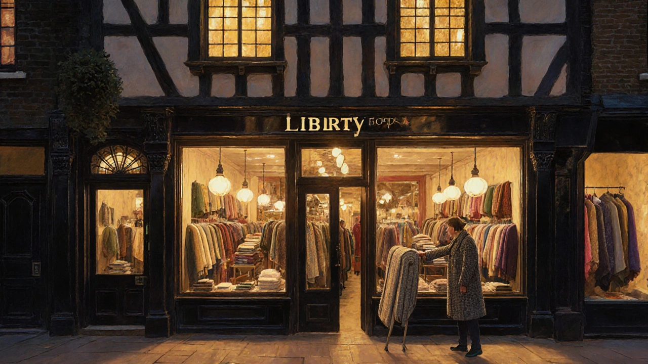 Liberty London’s Tudor façade glowing at golden hour, filled with luxurious fabrics and quiet shoppers.