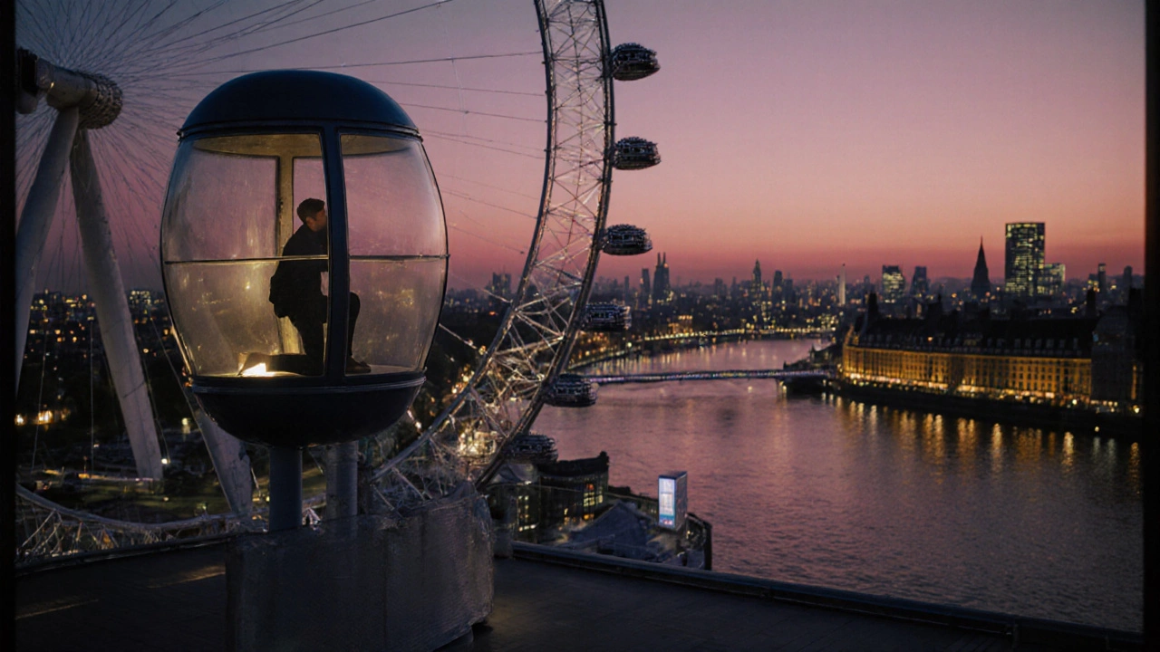London Eye capsule silhouetted at twilight, one figure kneeling inside against glowing city skyline.