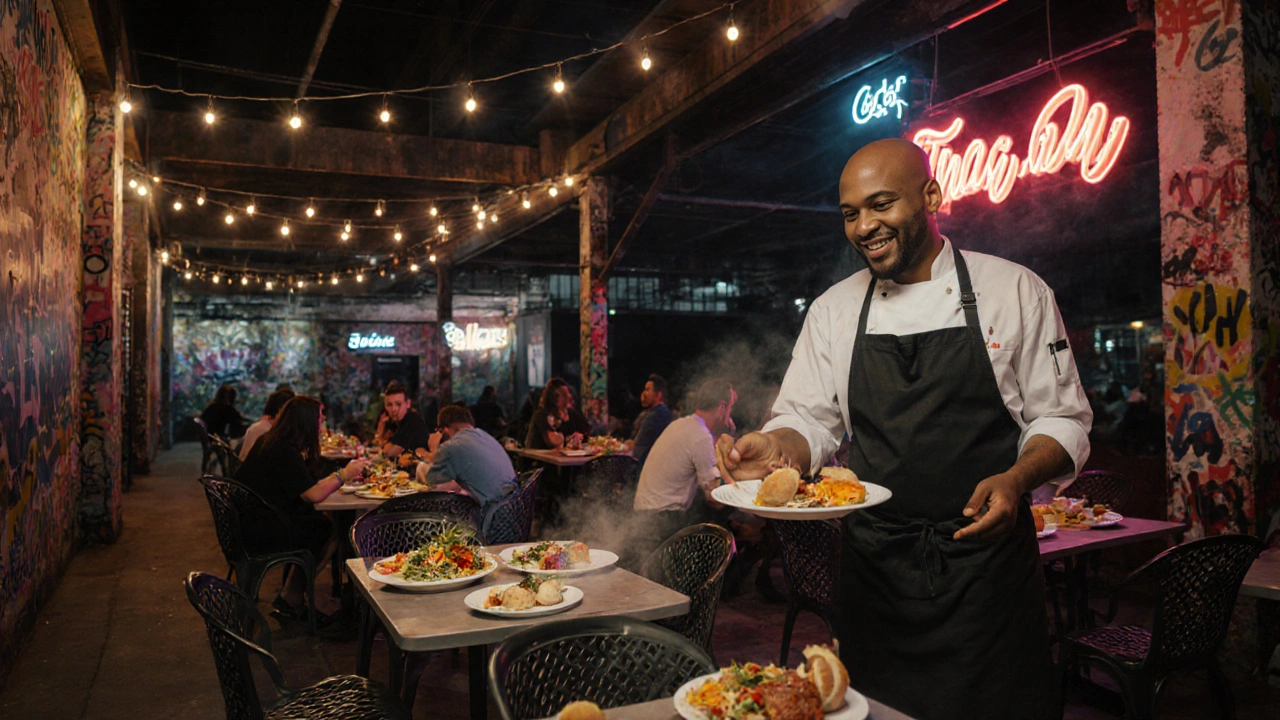 People eating Thai food at Peckham Levels under string lights with Afrobeat music playing.