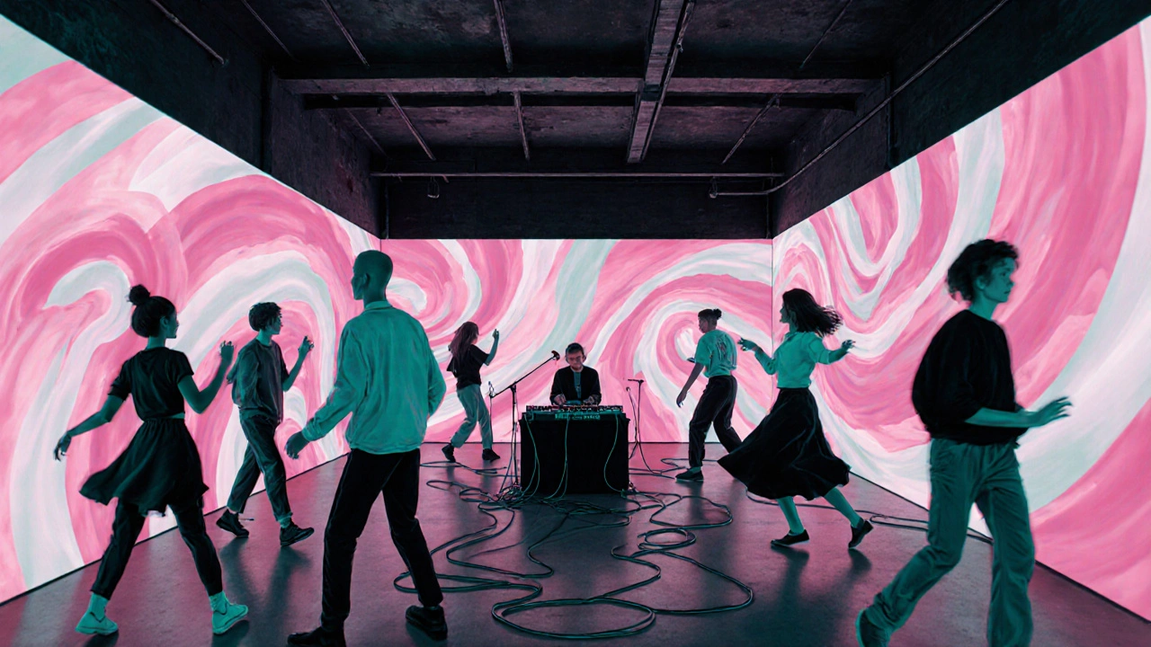 People moving through light-projected corridors during a live electronic music dance experience.