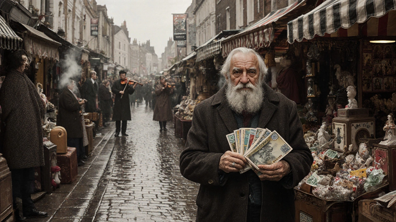 Rain-slicked Portobello Road with vintage postcards and antiques under cloudy skies and awnings.