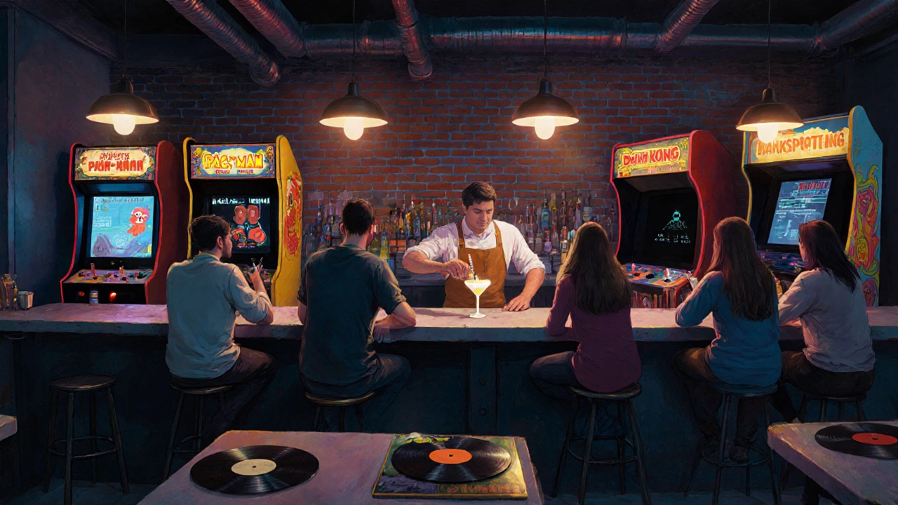 Retro arcade bar with vintage video games and cocktails named after cult films, lit by neon and pendant lights.