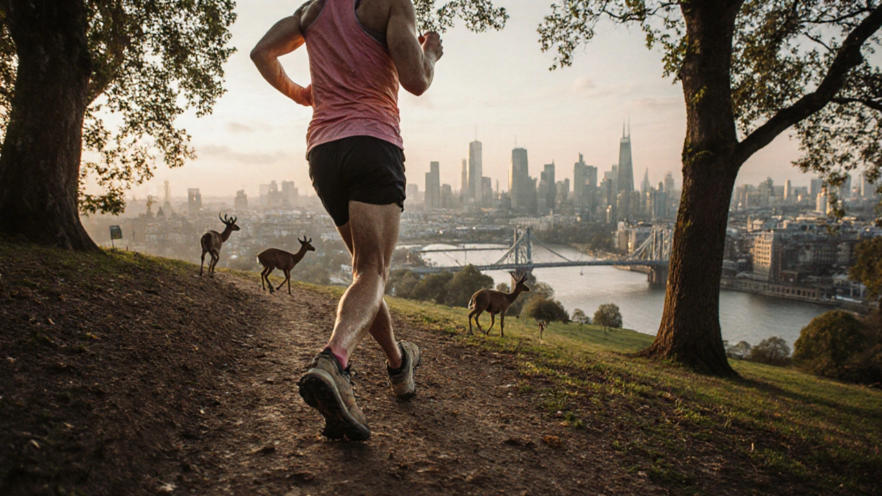 Runner at the top of Greenwich Park with panoramic view of London’s skyline and the Thames below.