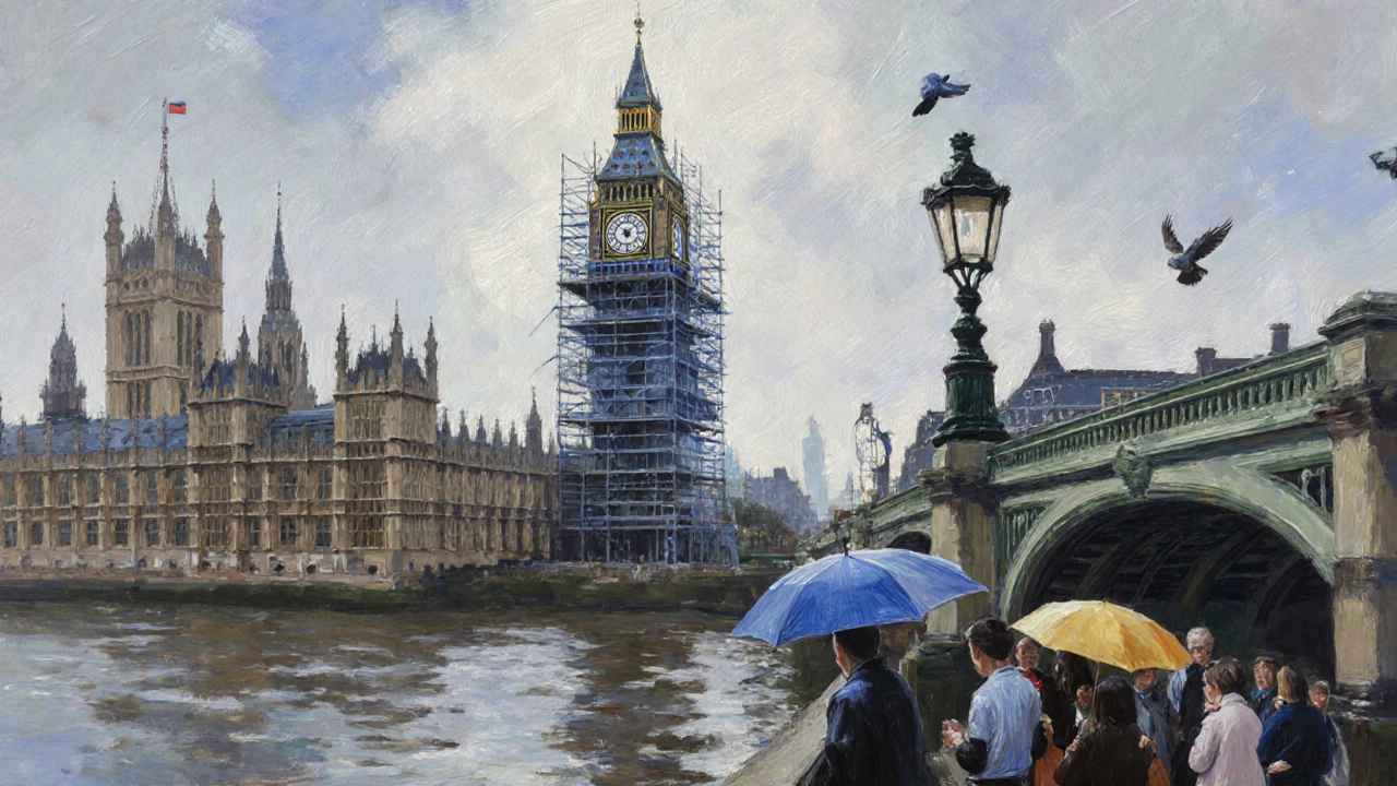 Silent Big Ben under scaffolding, crowd on South Bank with tea flasks.