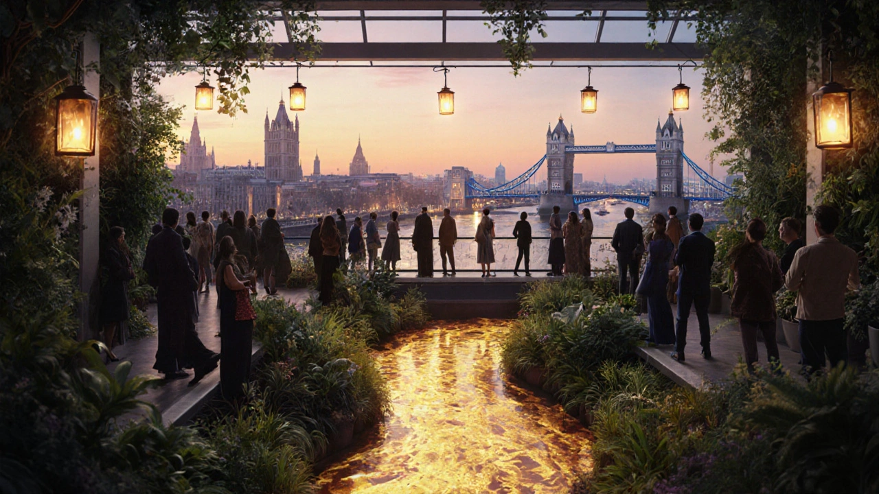 Sky Garden terrace at twilight with visitors surrounded by greenery and glowing river reflections.