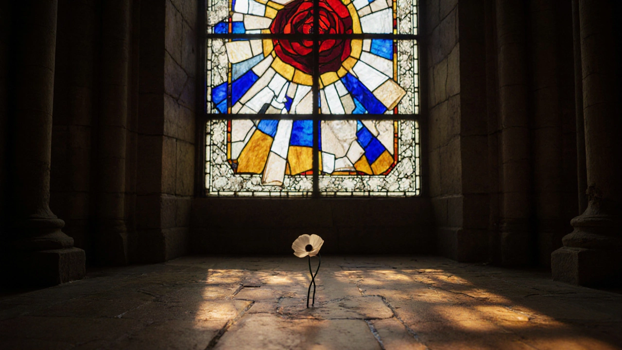 Stained-glass White Rose Window made of salvaged shards, casting colored light.