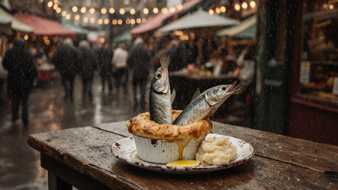 Stargazy pie with fish heads through pastry at a Camden Market stall.