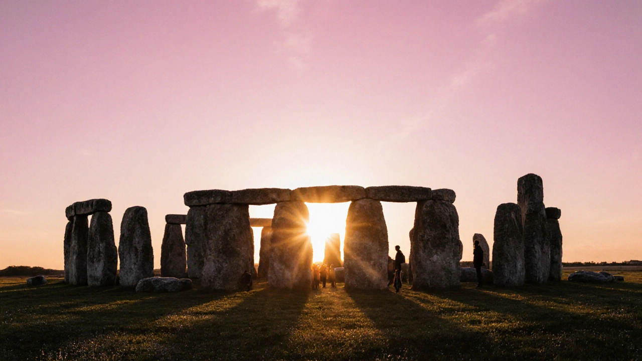 Stonehenge at sunrise during summer solstice, with people standing silently in the stone circle.