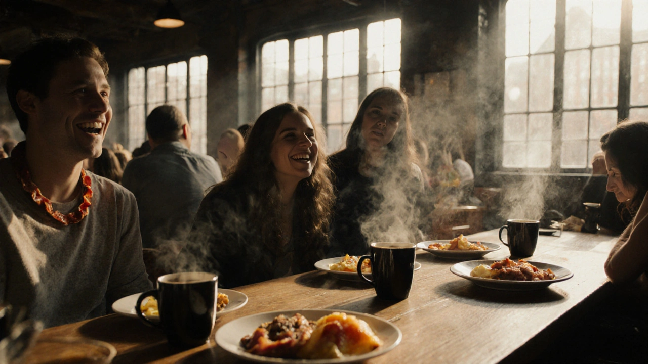 Sunday morning breakfast gathering with coffee, bacon butties, and a vinyl DJ playing UK garage.